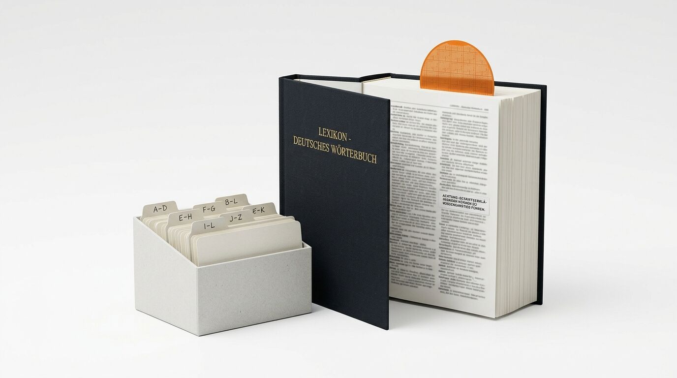 Ein schwarzes Deutsches Wörterbuch und eine Karteikartenbox daneben vor weißem Hintergrund