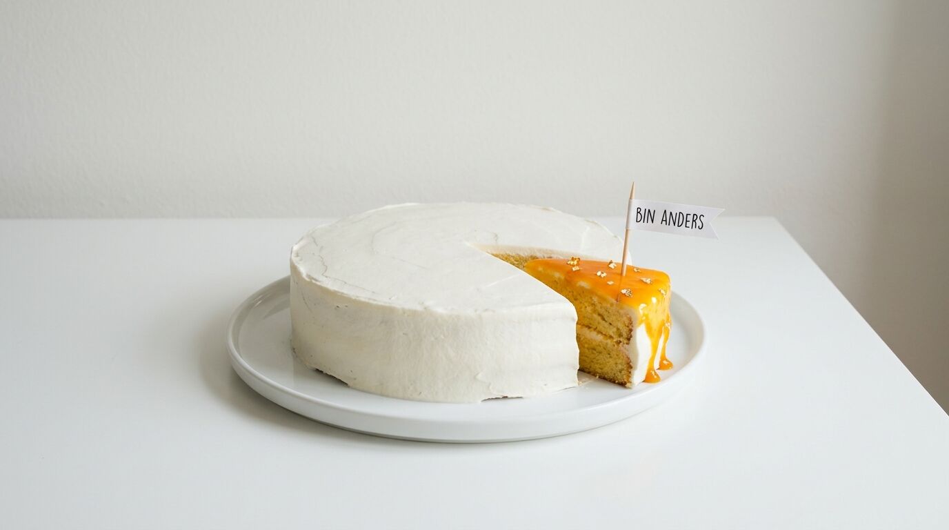 Eine weiße Torte mit einem herausgeschnittenen Stück mit Orangenglasur und „BIN ANDERS“-Fahne