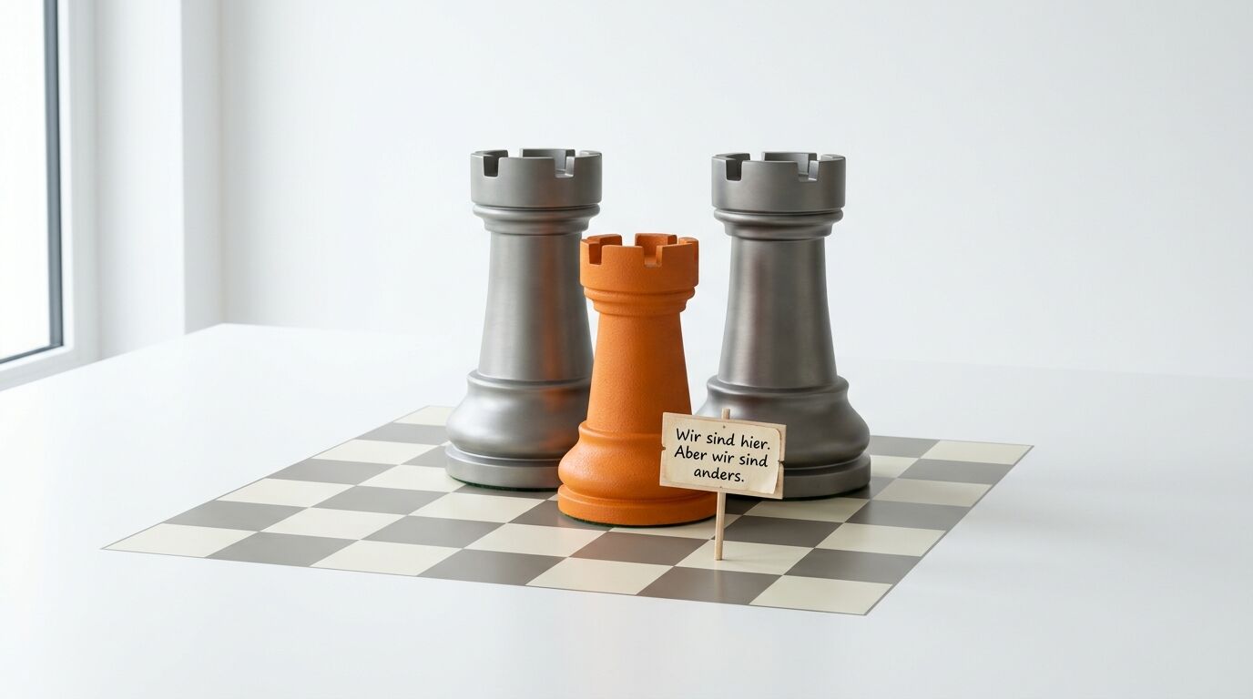Ein kleiner orangefarbener Turm zwischen zwei großen grauen Türmen und einem Schild