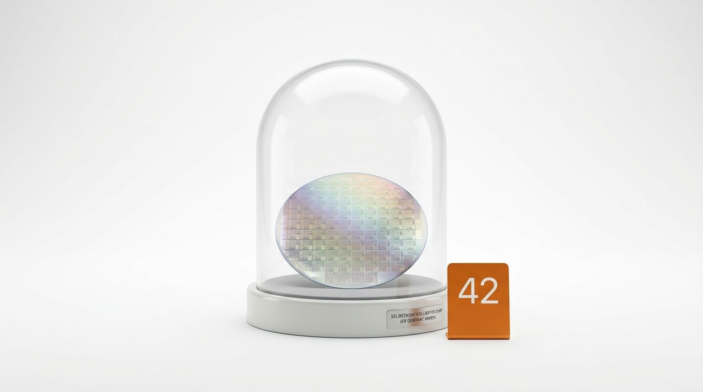 Silizium-Wafer in einer Glasglocke auf weißem Sockel, daneben ein orangefarbenes Schild mit der Zahl 42