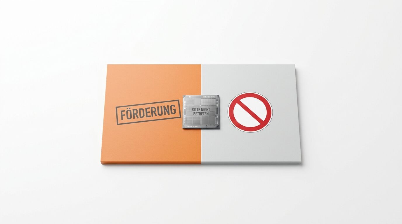Oranges Buch mit Stempel 'FÖRDERUNG', daneben Chip mit 'BITTE NICHT BETRETEN' und Verbotsschild