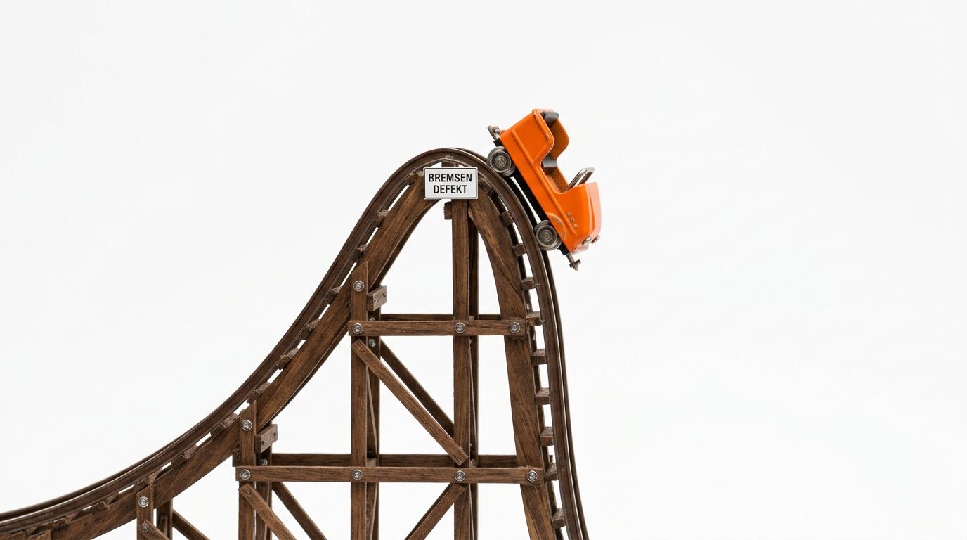 Holz-Achterbahnmodell, oranger Wagen kippt, Schild