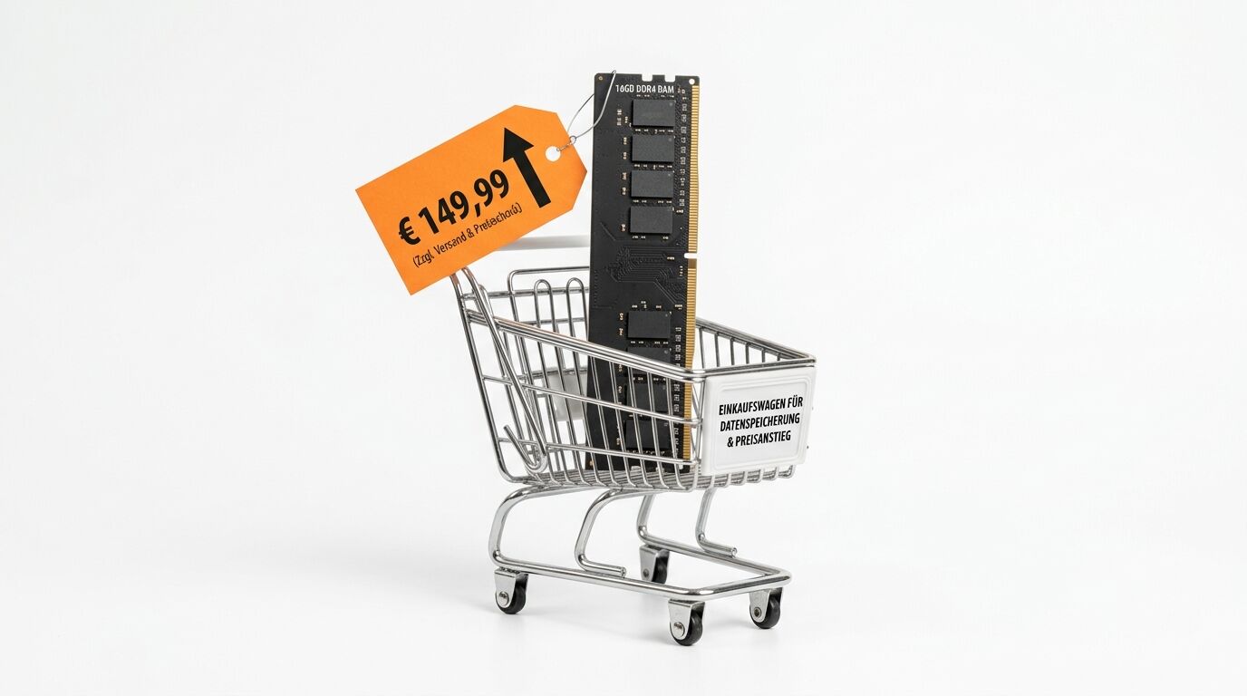 Einkaufswagen mit DDR4 RAM, 149,99€ Preisschild und Textfeld auf weißem Hintergrund