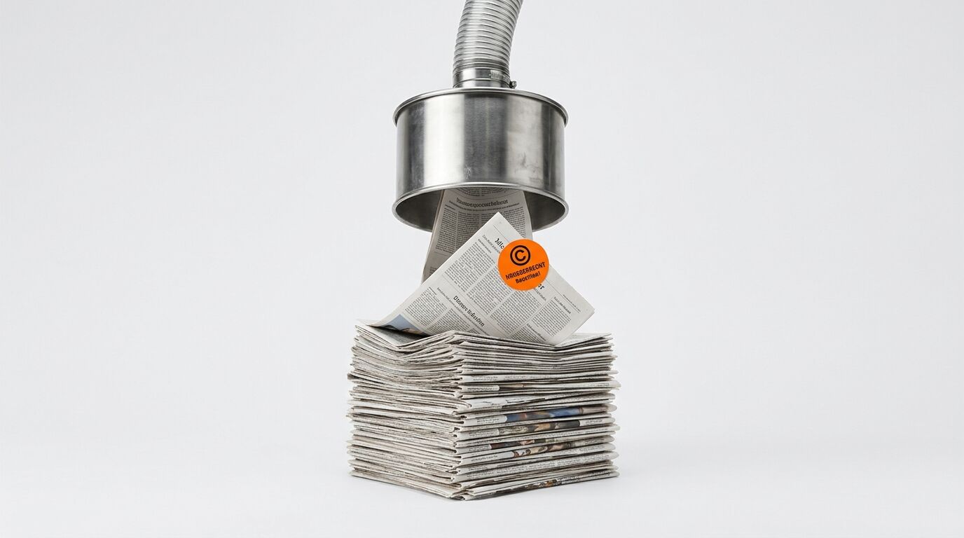 Zeitungsstapel wird über einen Trichter mit Urheberrechtssymbol abgesaugt