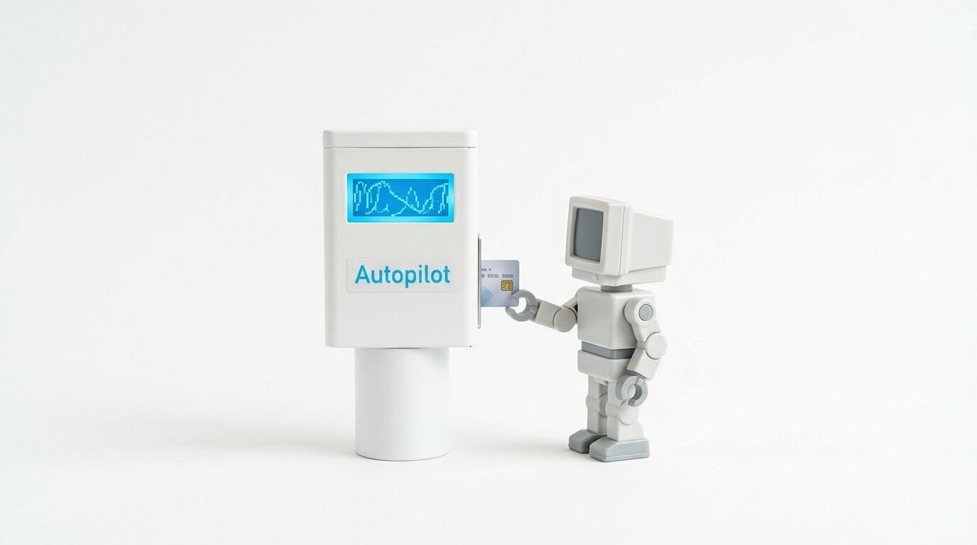 Kleiner grauer Roboter steckt eine Karte in einen Autopilot-Automaten vor weißem Hintergrund