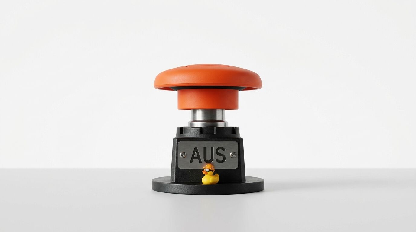Ein roter Not-Aus-Schalter mit der Aufschrift „AUS“ und einer Badeente mit Bauhelm