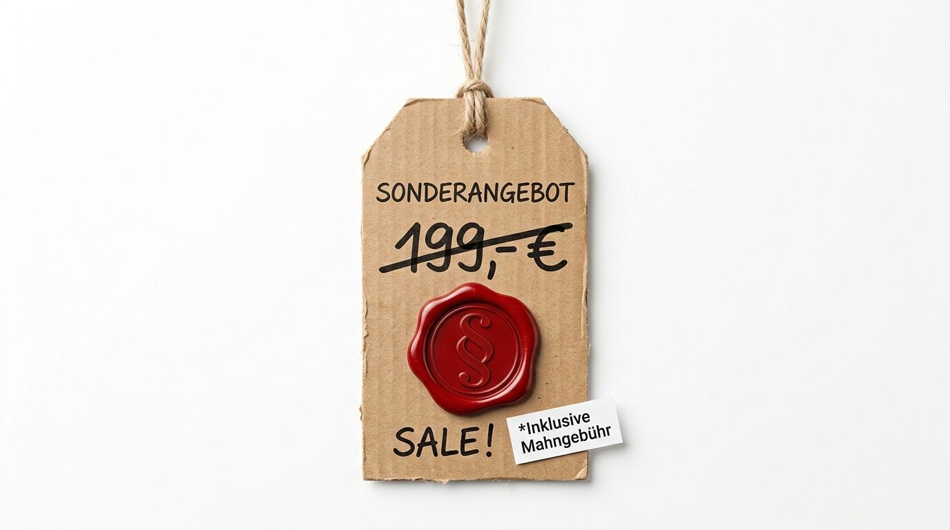 Preisanhänger aus Pappe mit dem Text „Sonderangebot 199,- € SALE!“. Mit rotem Siegellack und dem Vermerk „Inklusive Mahngebühr“ versehen