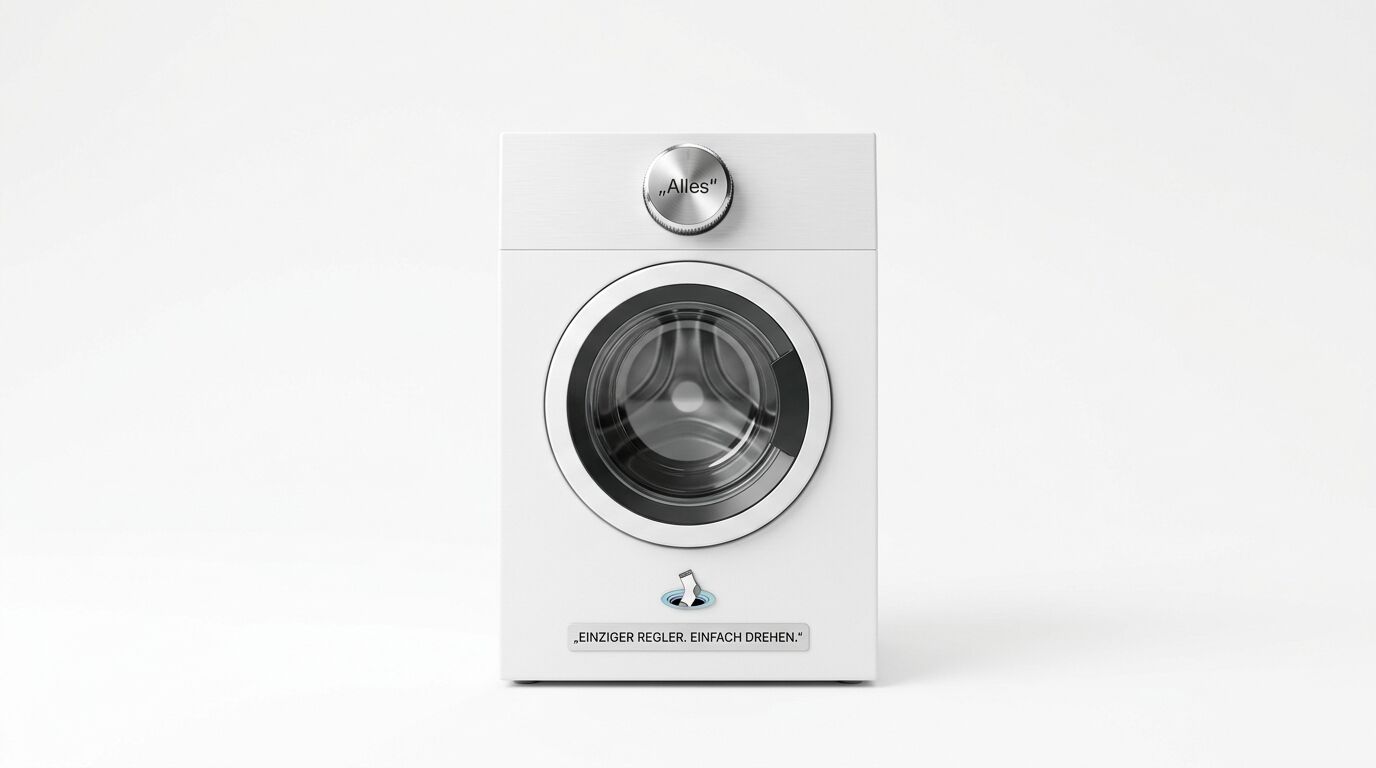 Eine minimalistische Waschmaschine mit einem Drehknopf, Text: 