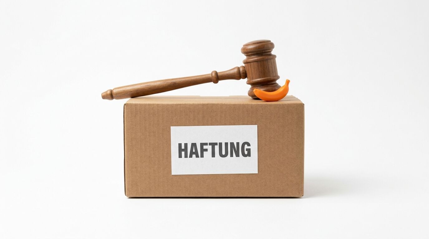 Karton mit Aufkleber „HAFTUNG“, Richterhammer und Bananenschale auf weißem Grund