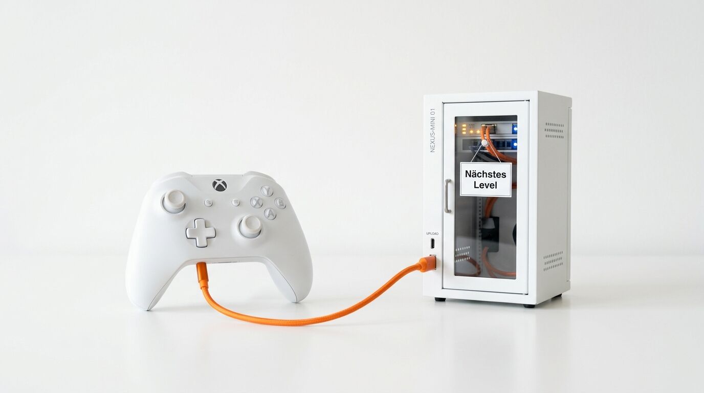 Weißer Controller, oranges Kabel, Minikühlschrank mit Text „Nächstes Level“, weißer Hintergrund