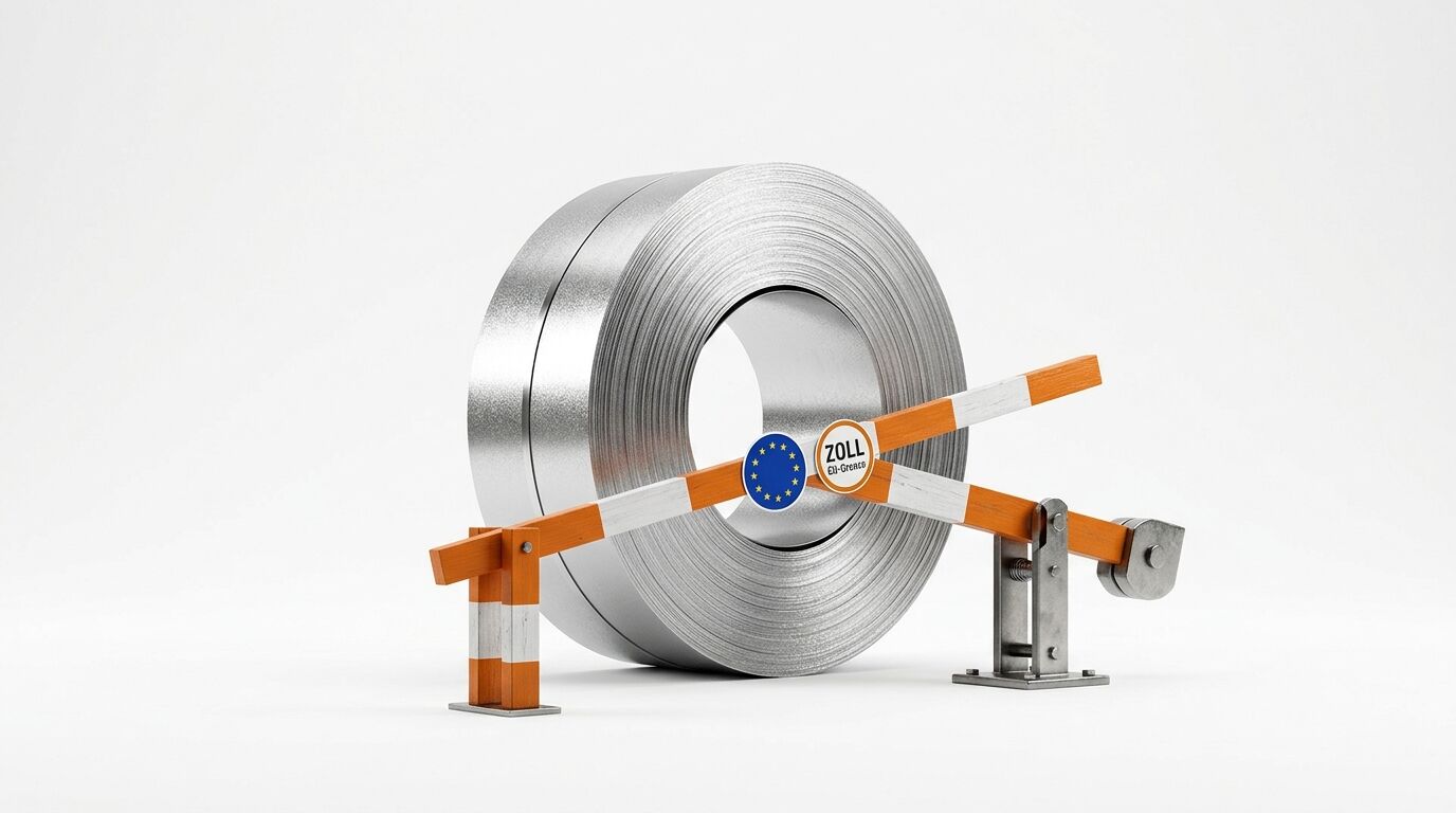 Metall-Coil hinter Zollschranke mit EU-Flagge und Aufschrift