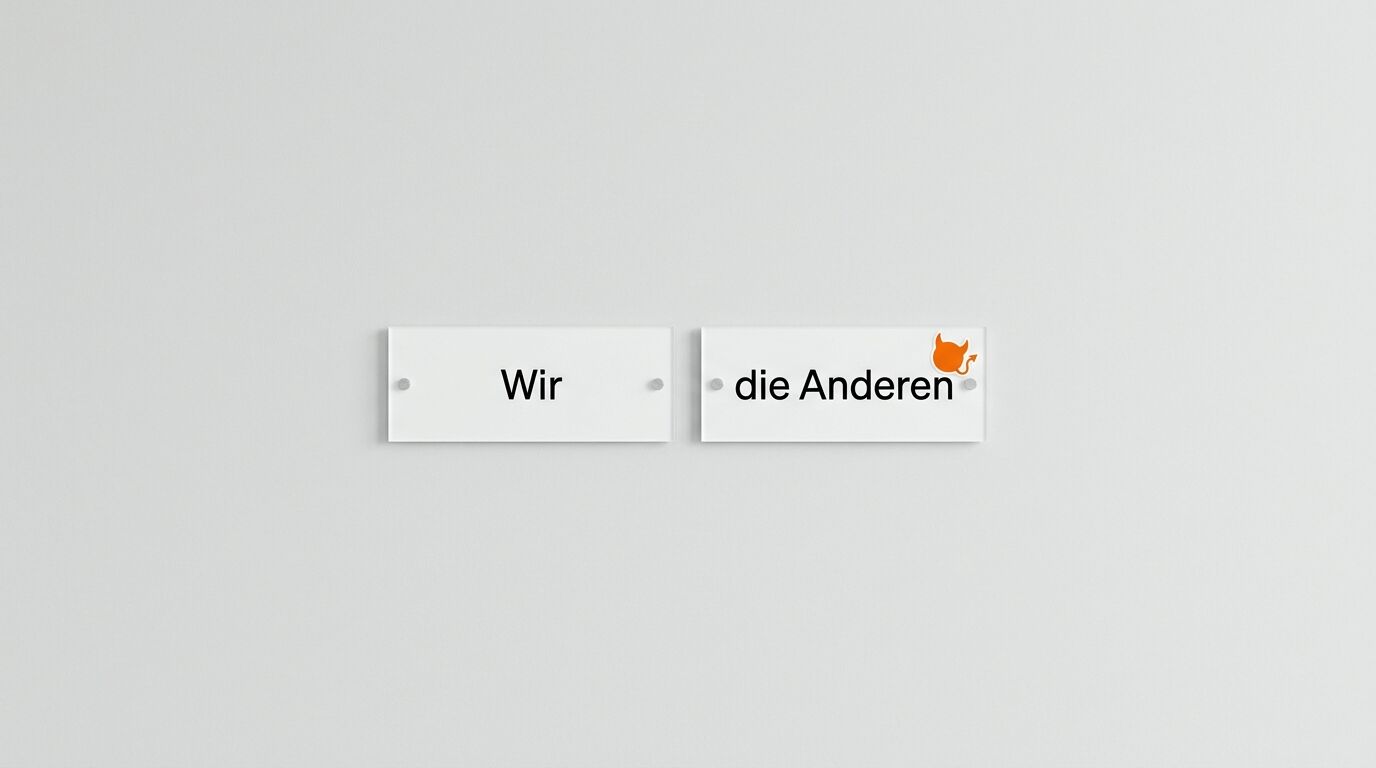 Zwei Türschilder an weißer Wand: links „Wir“, rechts „die Anderen“ mit einem Teufels-Icon