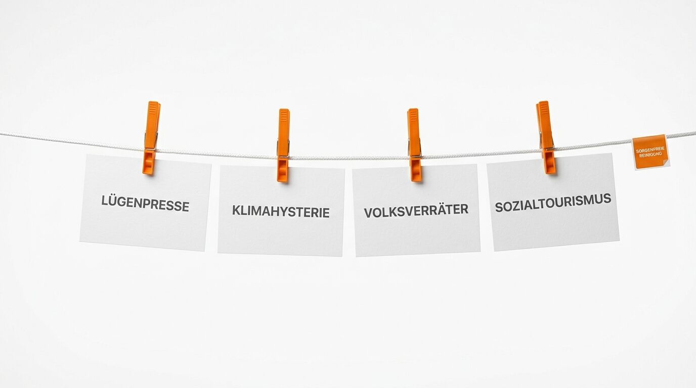 Vier Zettel mit politisch kontroversen Begriffen hängen an einer Wäscheleine