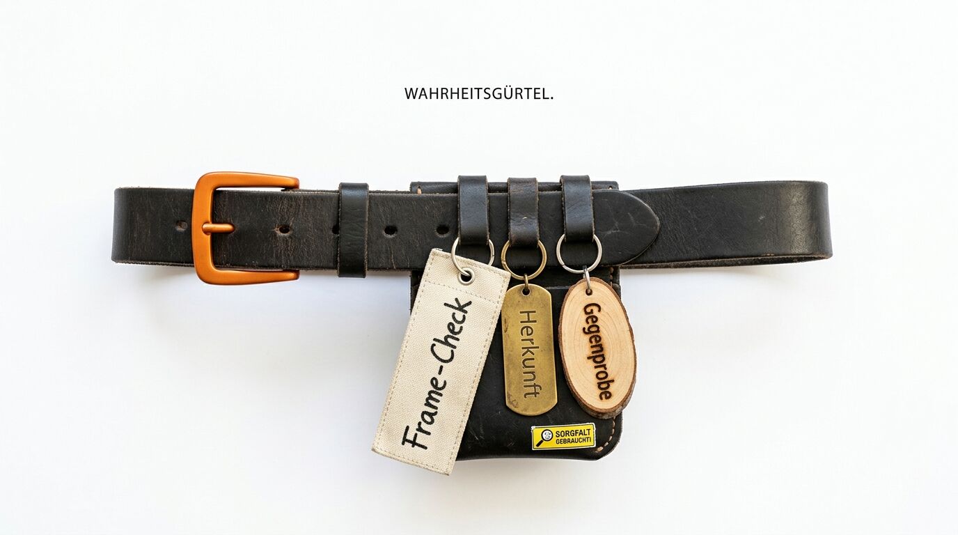 WAHRHEITSGÜRTEL. steht über einem schwarzen Ledergürtel, der eine Tasche trägt, mit Anhängern Frame-Check, Herkunft und Gegenprobe sowie der Aufschrift SORGFALT GEBRAUCHT! auf einer kleinen gelben Fläche in der unteren rechten Ecke