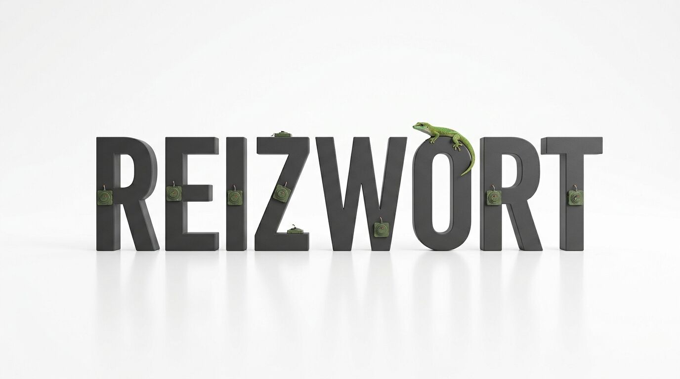 Schwarzer Schriftzug „REIZWORT“ vor weißem Hintergrund mit Gecko und Tretminen