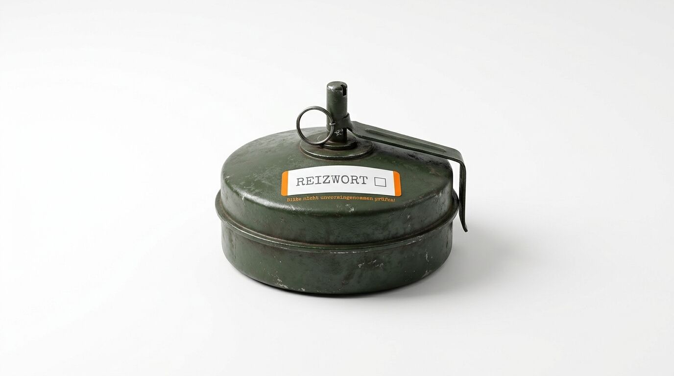 Ein grünes, rundes Metallobjekt mit Zünder und Aufkleber „REIZWORT“