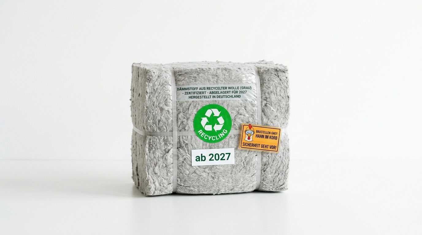 Quader aus grauer Recycling-Dämmwolle mit Produktetikett, Recycling-Logo und Aufkleber „ab 2027“ vor weißem Hintergrund