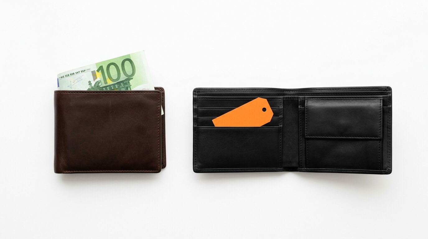Zwei Geldbörsen auf Weiß: links braun mit 100€-Schein, rechts schwarz mit orangefarbenem Anhänger