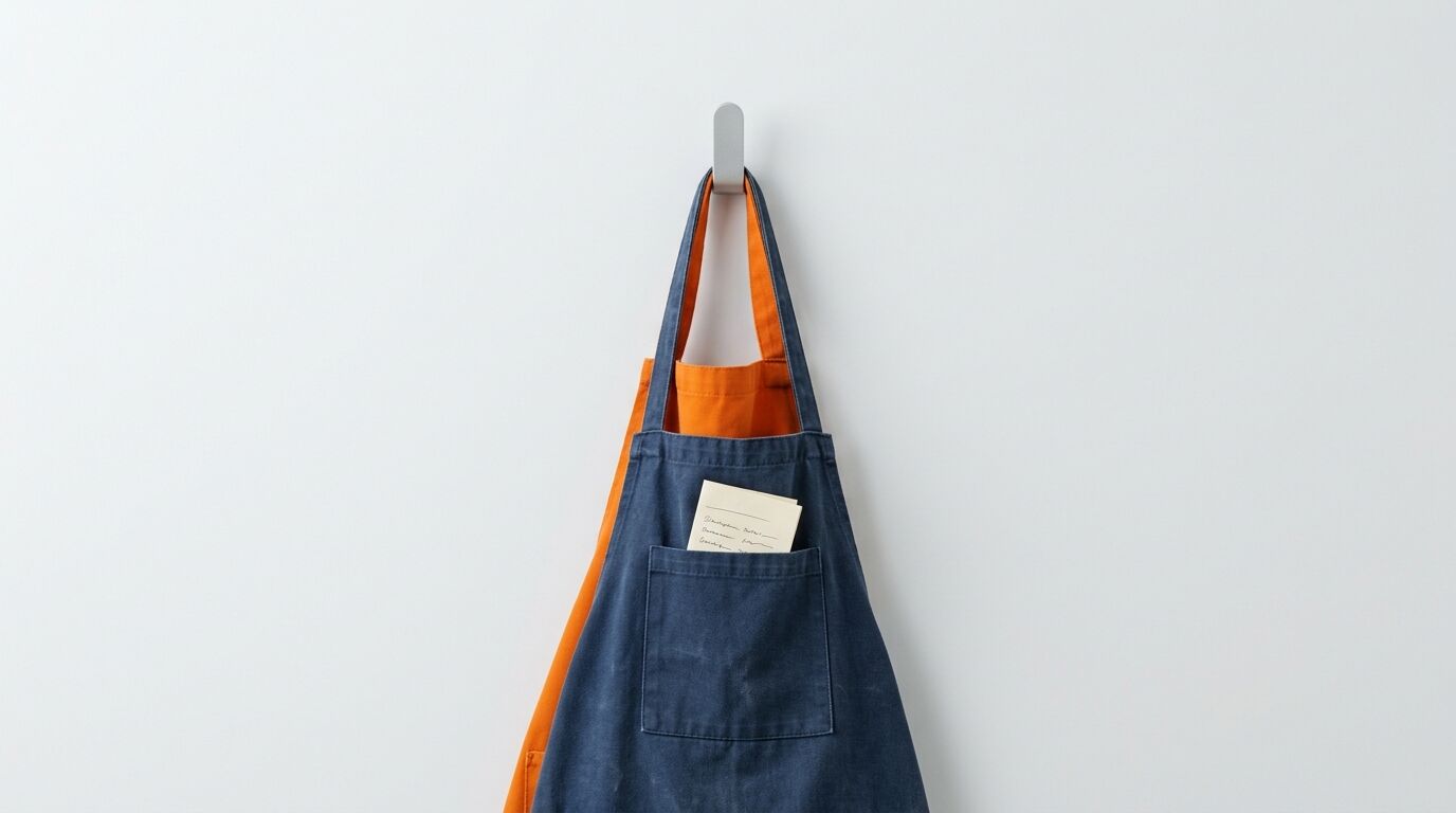 Hängende Schürze, blau und orange, mit Notizzettel im Taschenfutter auf weißem Hintergrund