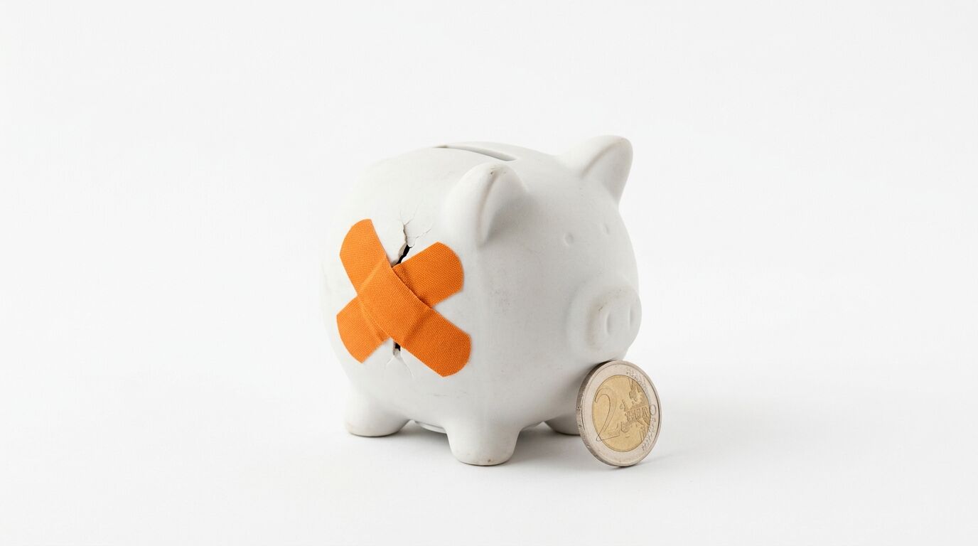 Kaputtes weißes Sparschwein mit Pflaster und 2-Euro-Münze auf weißem Hintergrund