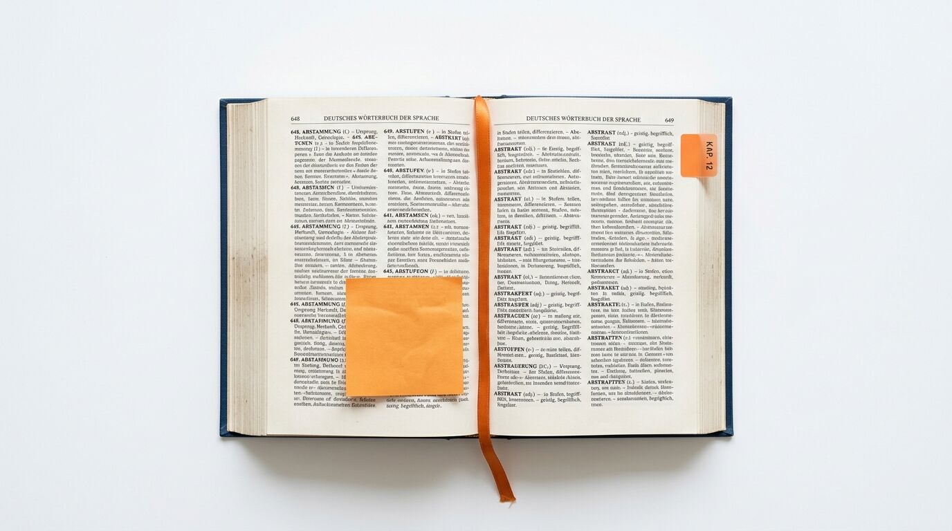 Offenes deutsches Wörterbuch mit orangefarbenem Klebezettel und einer Lesezeichenkarte
