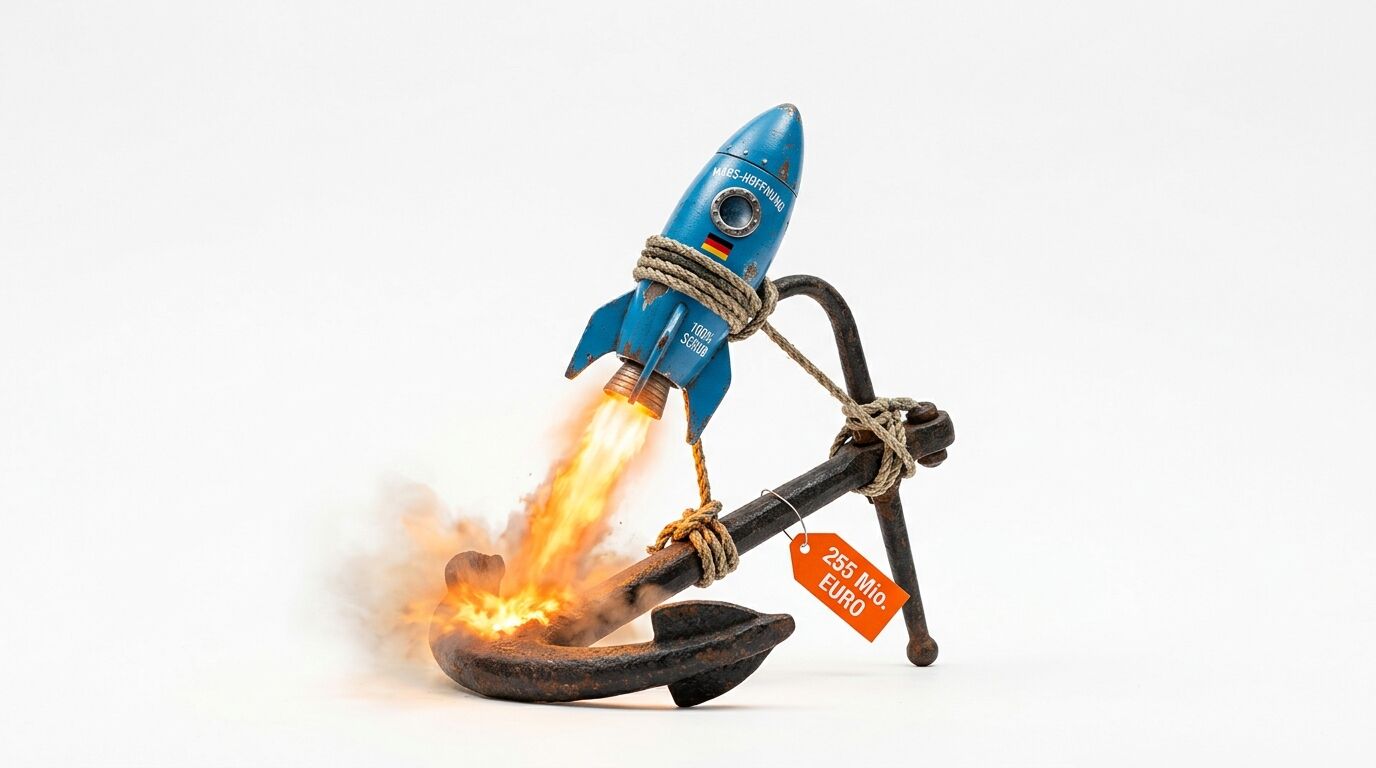 Rakete mit Feuerschweif ist an einem Anker mit Preisschild festgebunden
