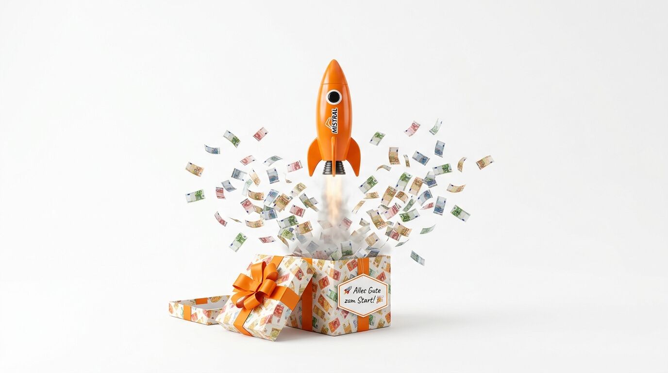 Eine orange Rakete startet aus einer geöffneten Geschenkschachtel, umgeben von Euro-Scheinen