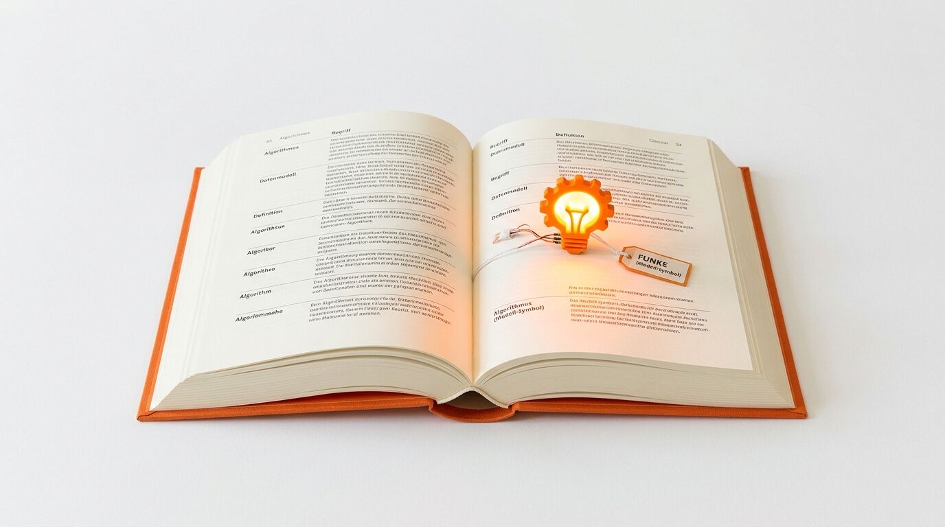 Geöffnetes Buch mit orangefarbenem Einband und leuchtender Glühbirne auf einer Buchseite