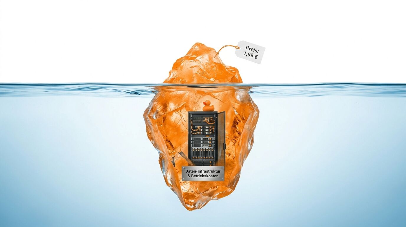 Ein oranger Eisberg im Wasser, oben ein Preisschild, unten ein Server mit Gummiente