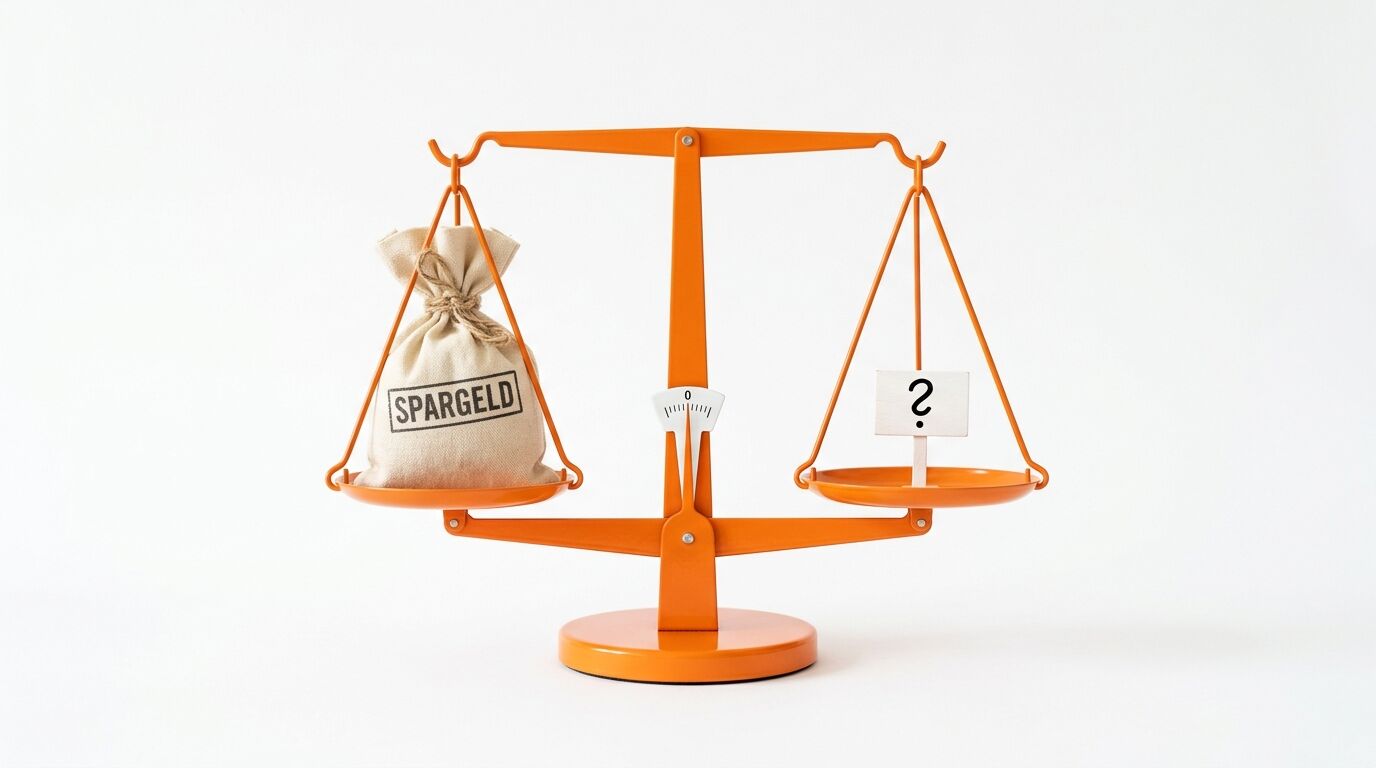 Orangefarbene Balkenwaage: Links ein Geldsack mit „Spargeld“, rechts ein Fragezeichen im Gleichgewicht
