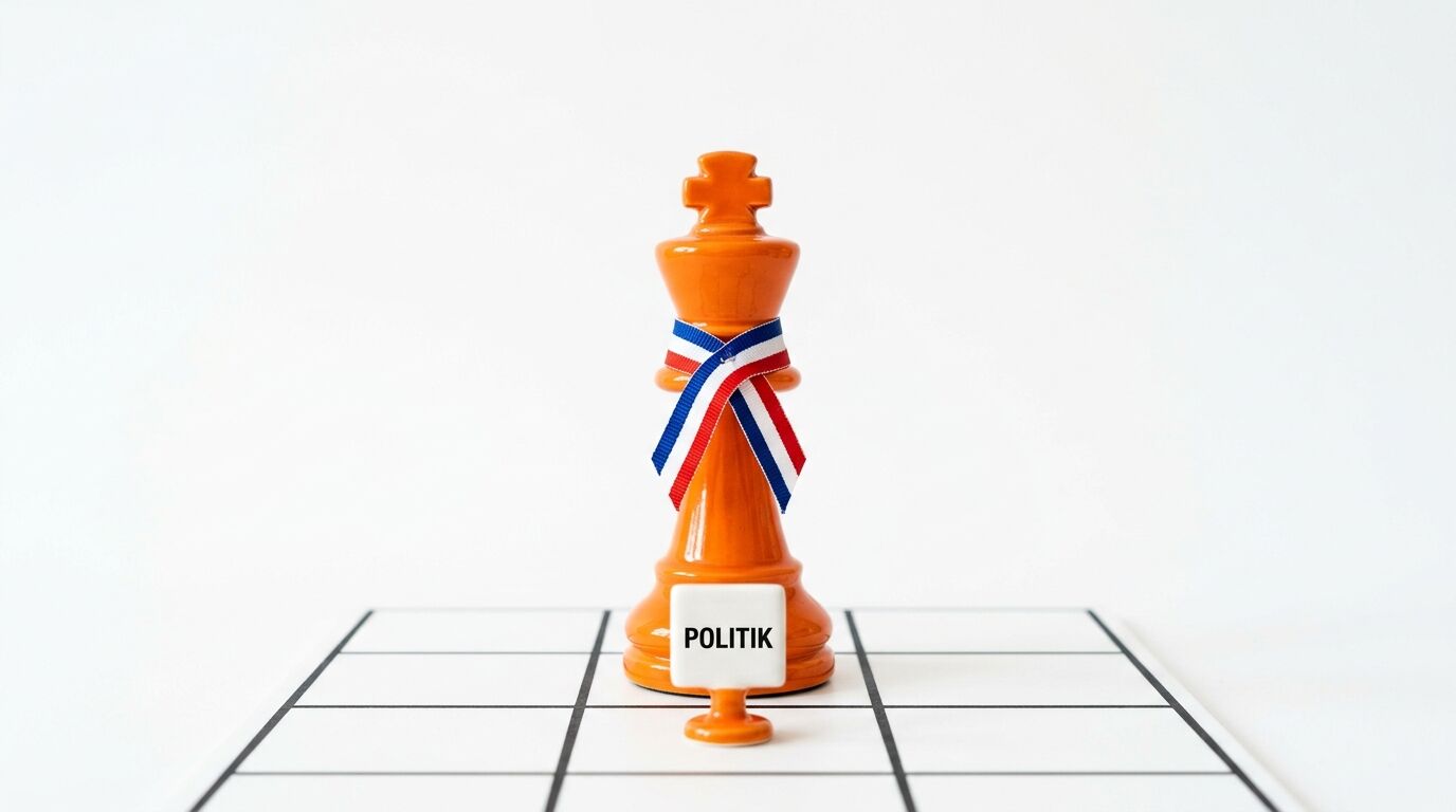 Orangefarbene Schachkönig-Figur mit rot-weiß-blauem Band und Würfel „POLITIK“ auf einem Brett