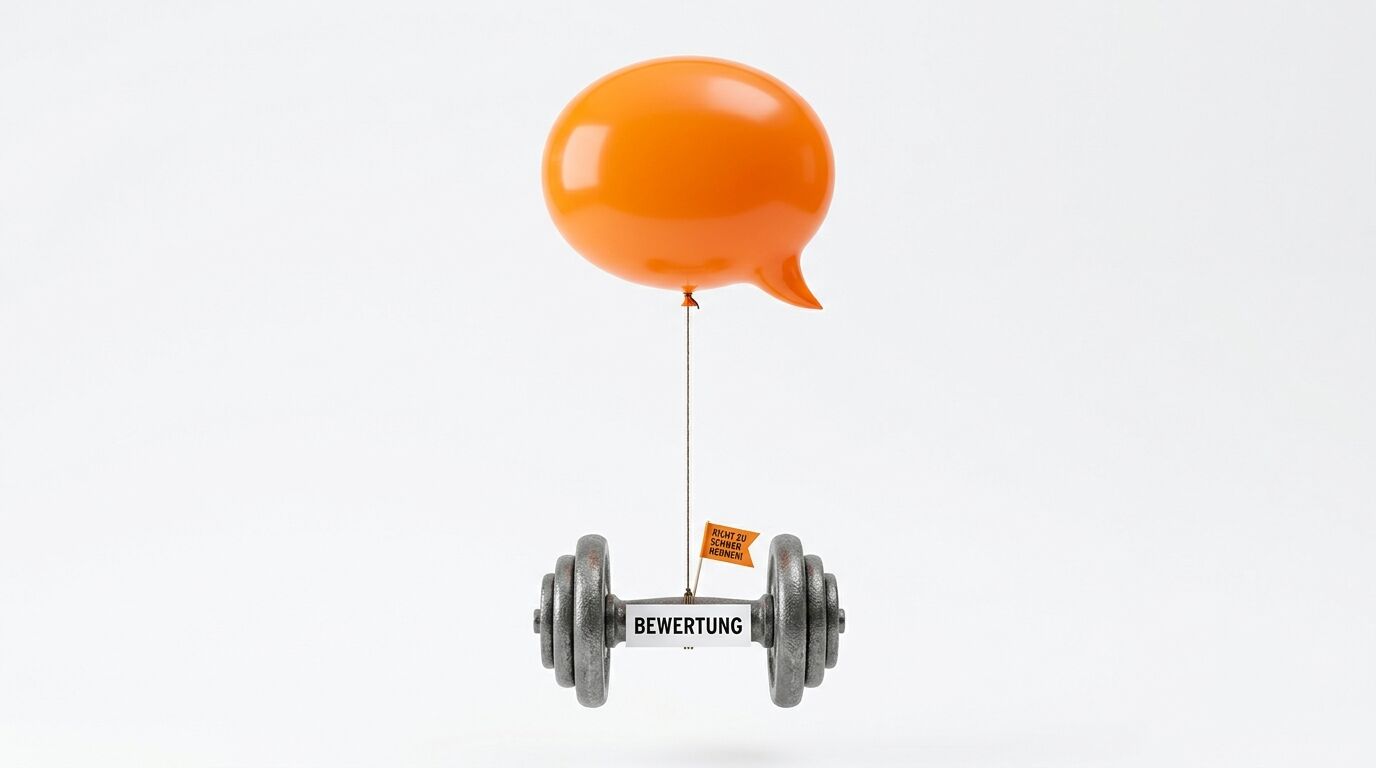 Ein orangefarbener Ballon in Form einer Sprechblase zieht eine schwere Hantel nach oben