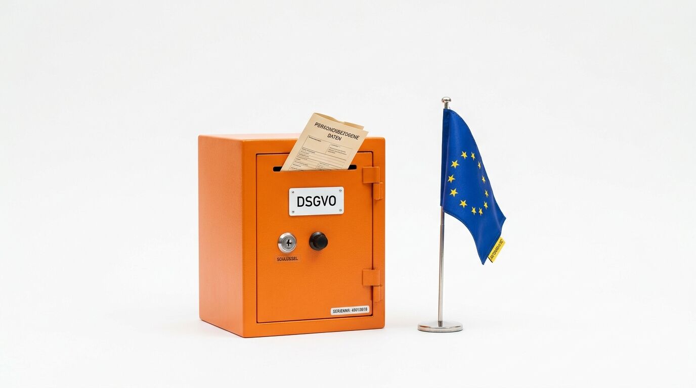 Ein oranger Safe mit EU-Flagge und Formularen auf hellem Hintergrund