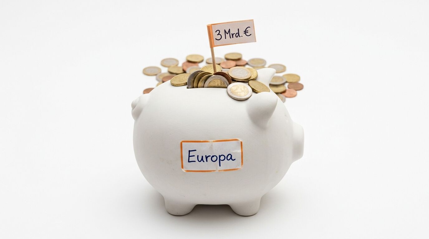 Sparschwein mit Aufschrift „Europa“ und Flagge „3 Mrd. €“, gefüllt mit Münzen