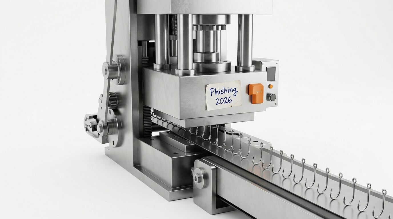 Maschine fertigt Angelhaken in Serie; Zettel mit Aufschrift „Phishing 2026“ angeklebt