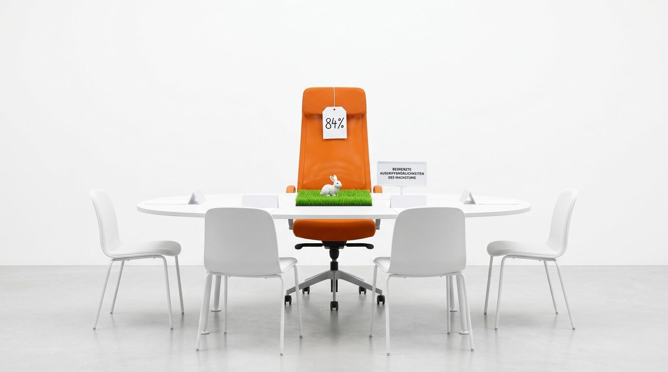 Bürostuhl mit 84%-Schild und Hase auf Gras vor Tisch und Stühlen im minimalistischen Raum