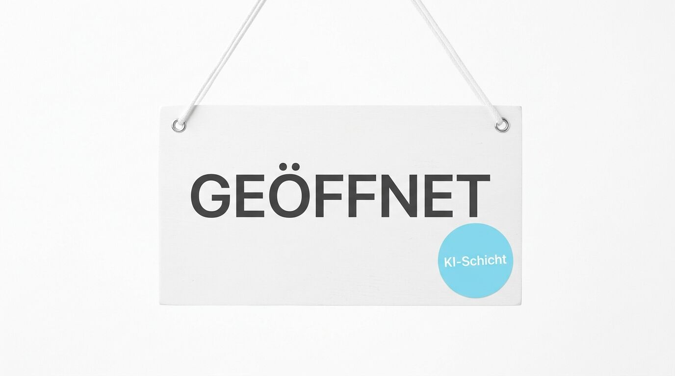 Hängeschild mit Aufschrift „GEÖFFNET“ und hellblauem Kreis „KI-Schicht“