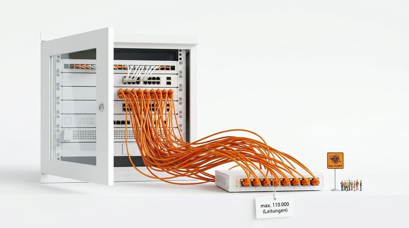 Überquellende Netzwerkkabel führen von einem Serverschrank zu einem Router, ein Schild warnt vor Stau