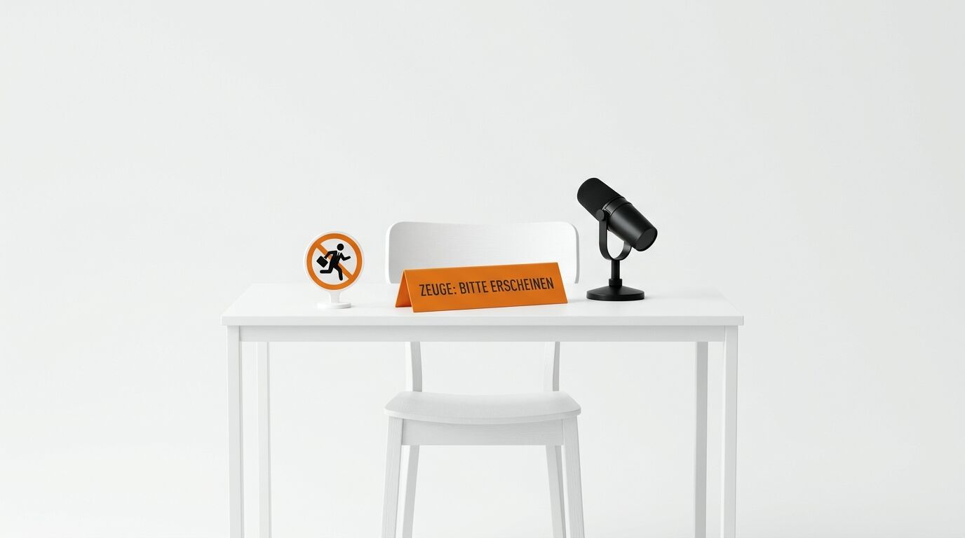 Leerer Stuhl hinter einem Tischmikrofon mit orangem Schild „Zeuge: bitte erscheinen“, Sinnbild für die Vorladung von SpaceXAI durch den New Yorker Stadtrat