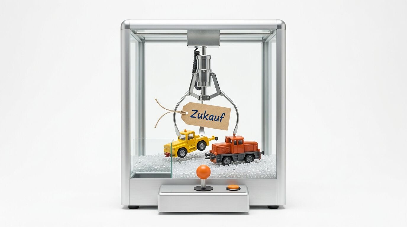 Greifautomat mit Modellfahrzeugen, Granulat und einem Schild mit der Aufschrift „Zukauf“