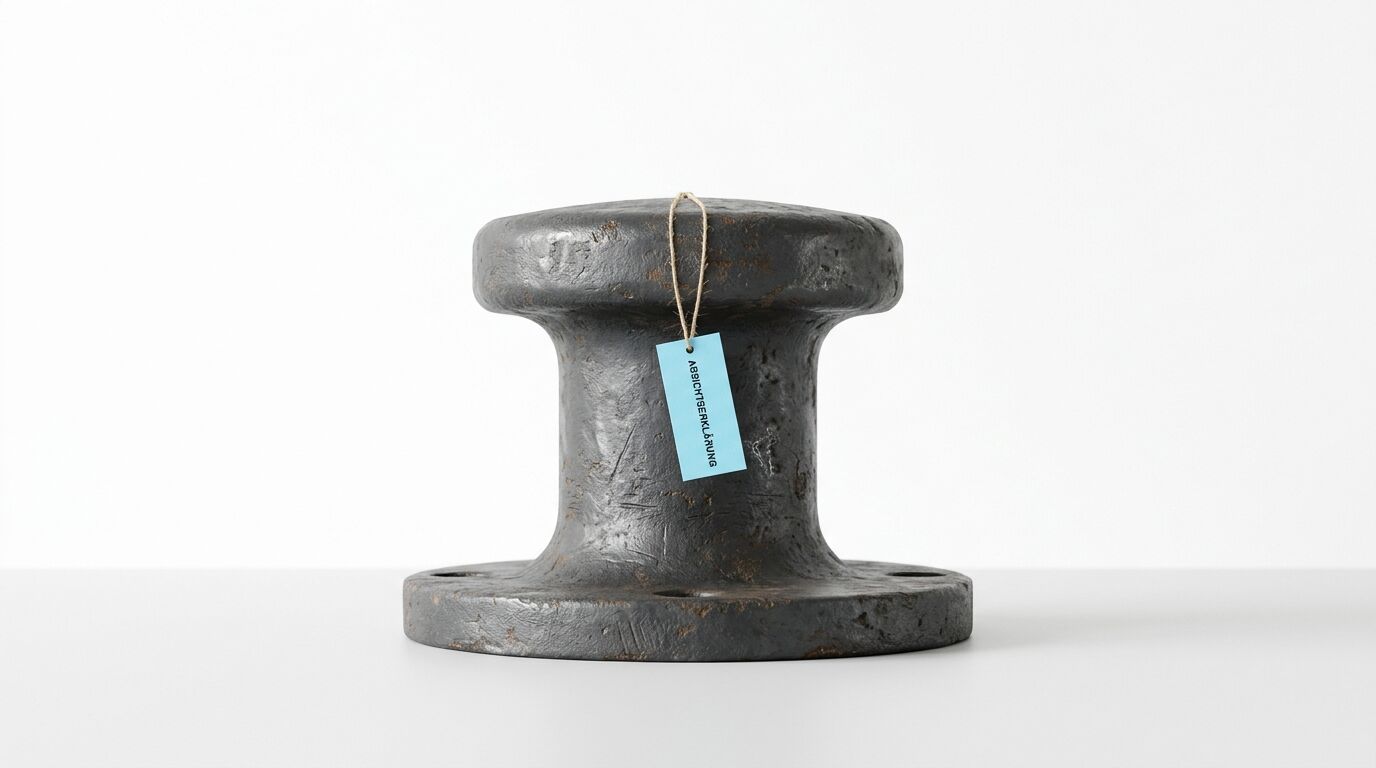 Ein grauer Metallpoller auf weißem Grund mit einem kleinen blauen Etikett