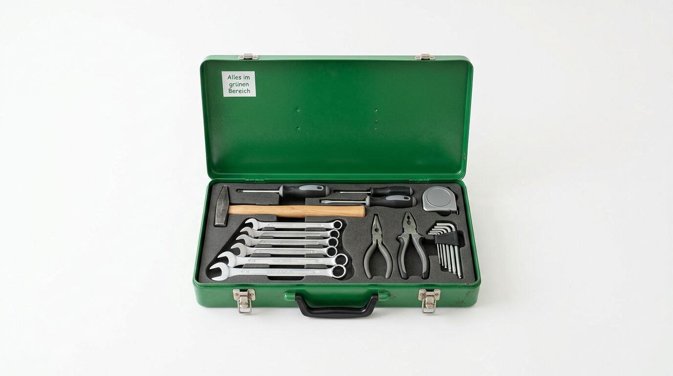 Geöffneter grüner Metall-Werkzeugkoffer mit Hammer, Zangen, Schlüsseln und Text im Deckel