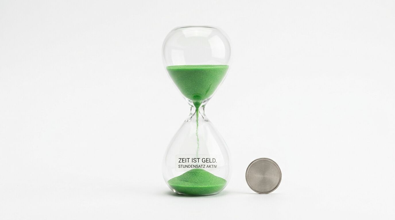 Eine Sanduhr mit grünem Sand und deutschem Text steht neben einer runden Metallmünze