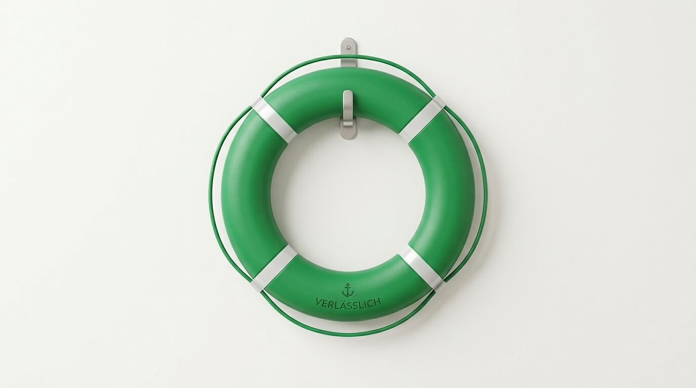 Ein grüner Rettungsring an einer hellen Wand mit der Aufschrift VERLÄSSLICH und Ankersymbol
