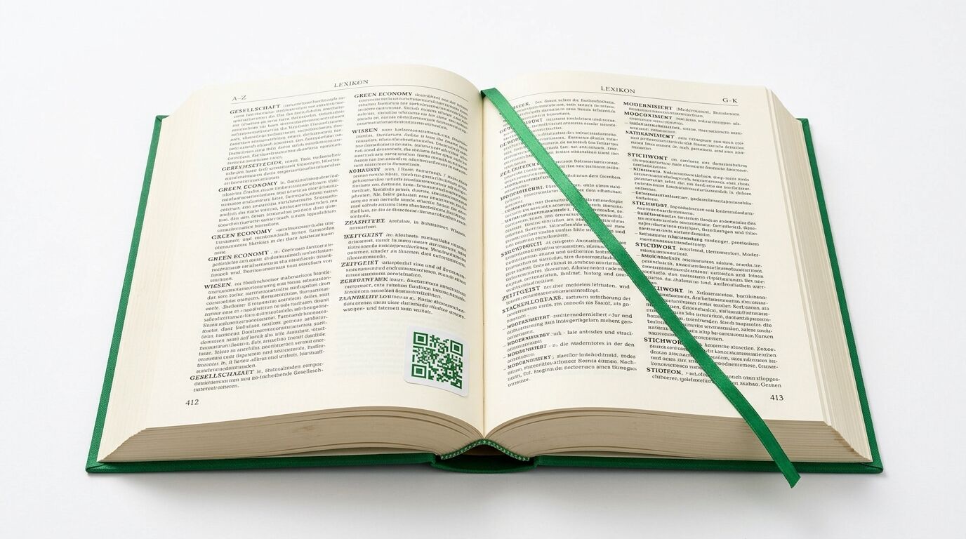 Aufgeschlagenes grünes Lexikon mit Text, QR-Code und grünem Lesezeichenband auf Weiß