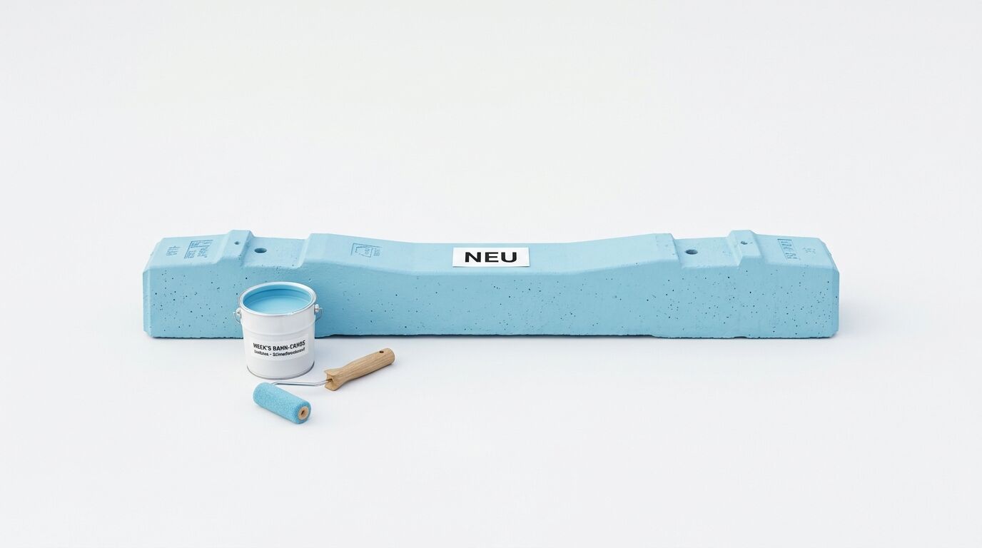 Blaue Betonschwelle mit Farbeimer und Farbrolle auf weißem Hintergrund