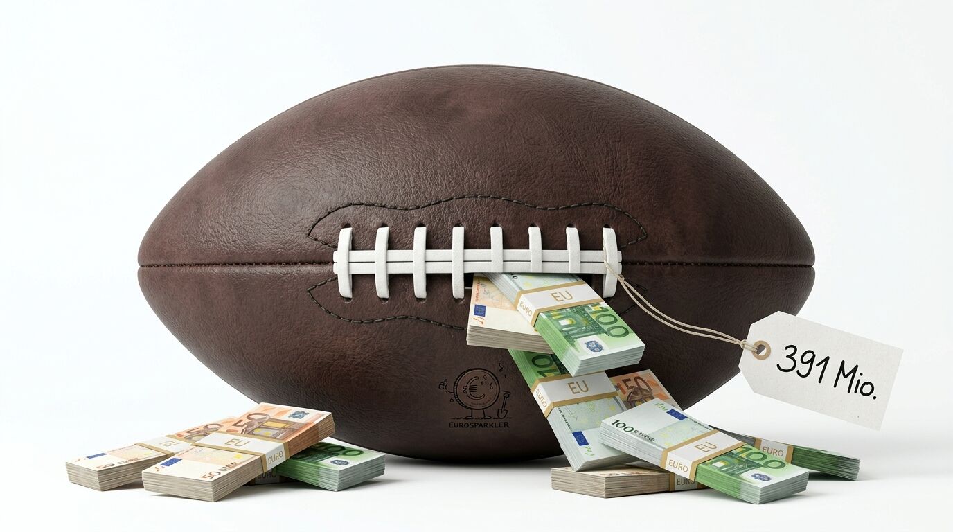 Football mit Euro-Geldbündeln, einem Etikett „391 Mio.“ und dem Logo EUROSPARKLER vor weißem Hintergrund