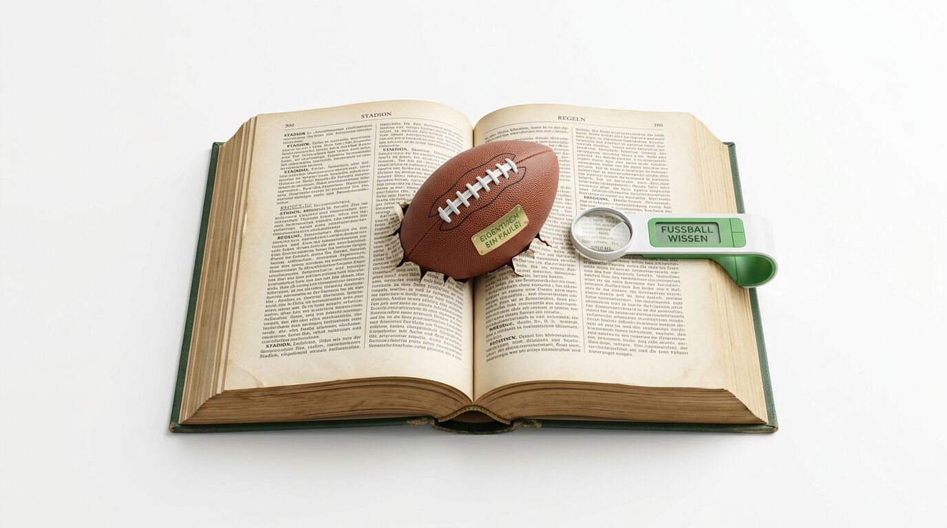 Geöffnetes Buch mit Football und Lupe darauf, fotografiert vor weißem Hintergrund