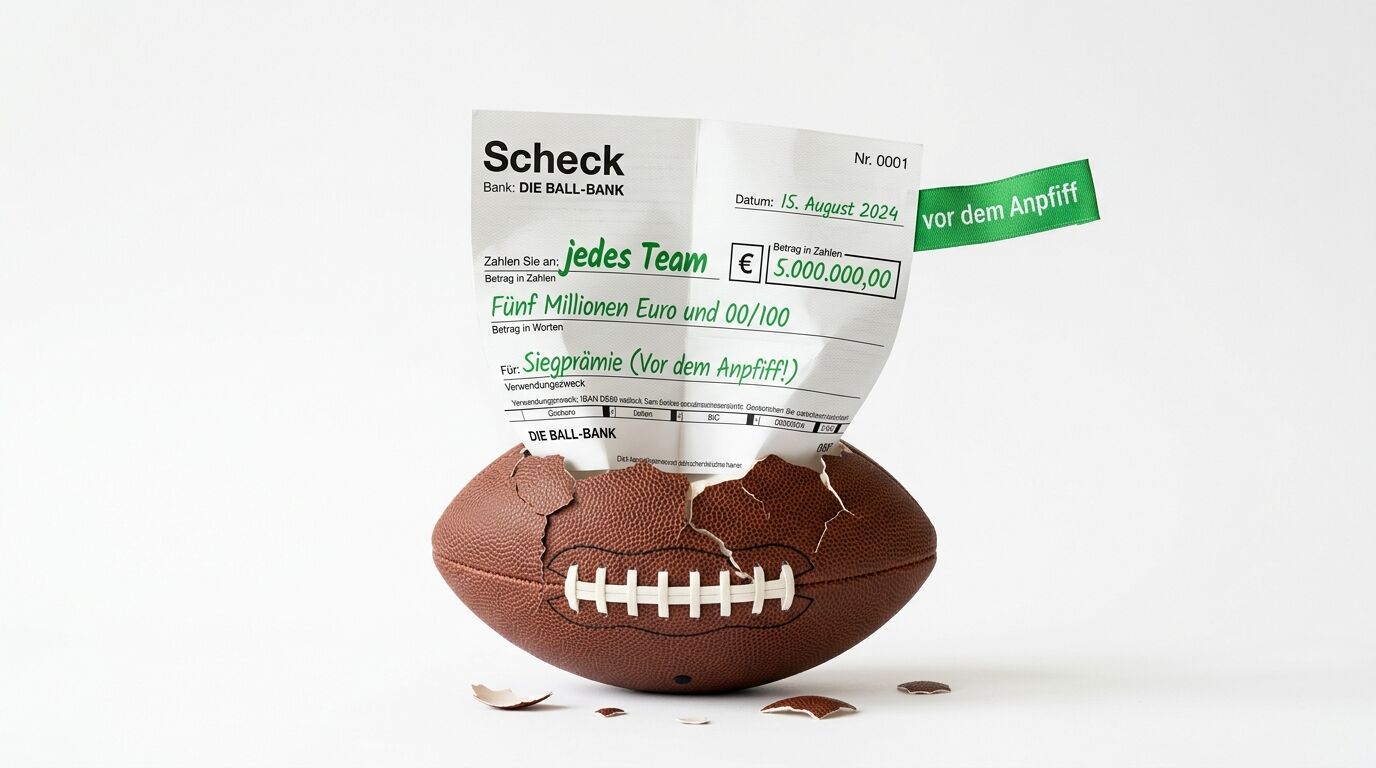 Aus einem zerbrochenen American Football kommt ein Scheck über fünf Millionen Euro zum Vorschein