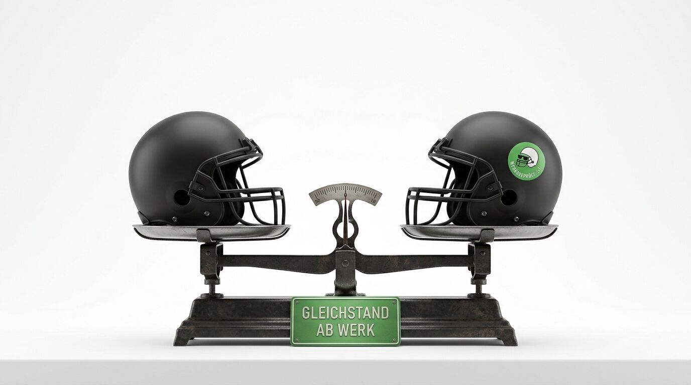 Zwei schwarze Football-Helme auf einer Waage, die im Gleichgewicht steht